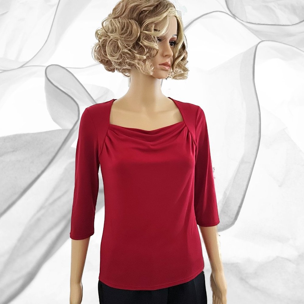 Women dressy party top in bright red, unique neckline - Size S